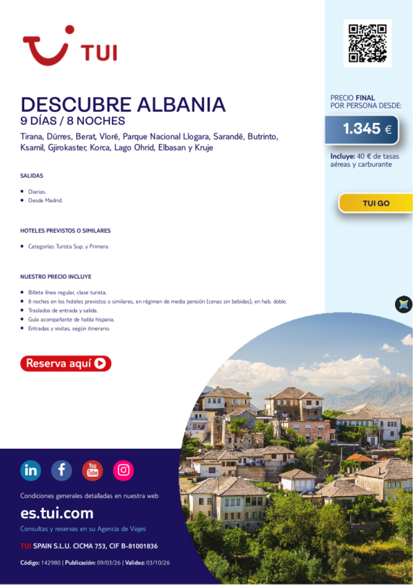 Descubre Albania. 9 días /  8 noches. TUI Go. Salidas diarias desde MAD desde 1.345 &euro; 