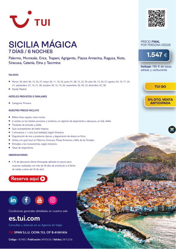 Sicilia Mágica. 7 días / 6 noches. 5% Dto VA. TUI Go. Salidas desde MAD desde 1.547 &euro; 