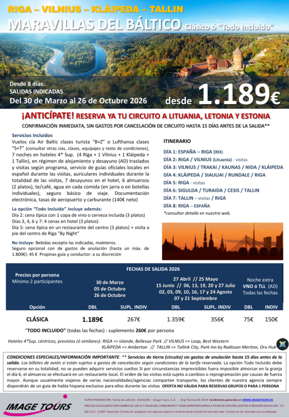 Maravillas del BÁLTICO: circuito MP Vilnius, Riga, Kláipeda, Tallin, visitas incl. Desde 1.189 &euro; hasta Octubre