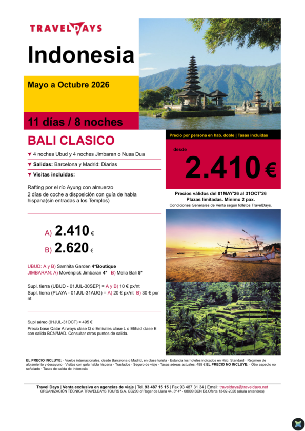 BALI  - 11 días con estancia en Ubud y Jimbaran, rafting y 2 días de coche con guía a disposición desde 2.410 &euro; 