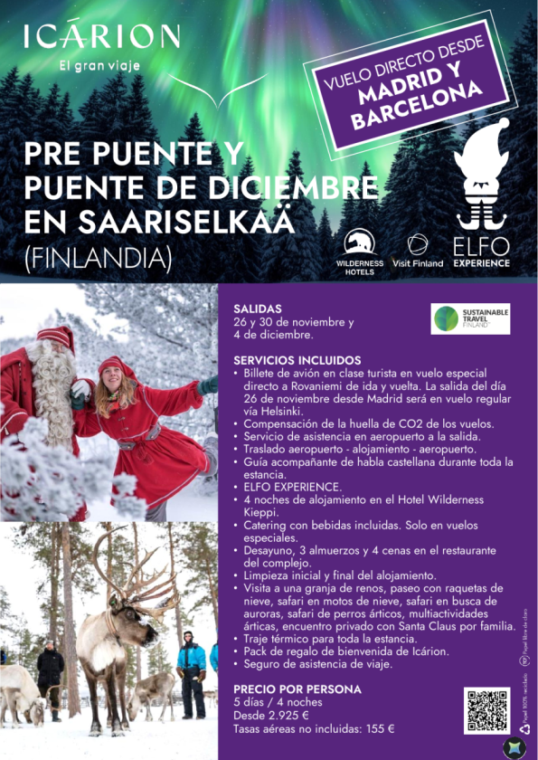 Pre puente y puente de diciembre en Saariselkä. Vuelo directo desde Madrid y Barcelona