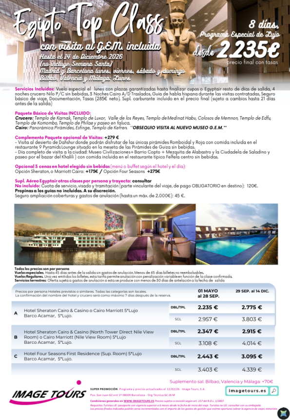 Egipto TOPCLASS 8 días de viaje de Lujo con precios hasta diciembre 2026 ¡Incluye visita al GEM! desde 2235 &euro; 