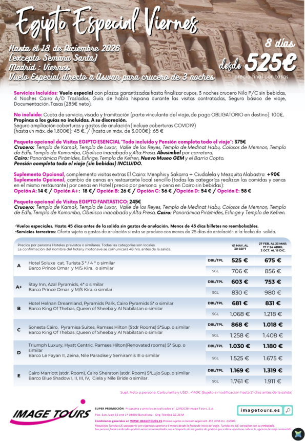 Egipto Especial Viernes hasta diciembre 2026, 8 días de viaje con plazas garantizadas desde solo 525 &euro; 