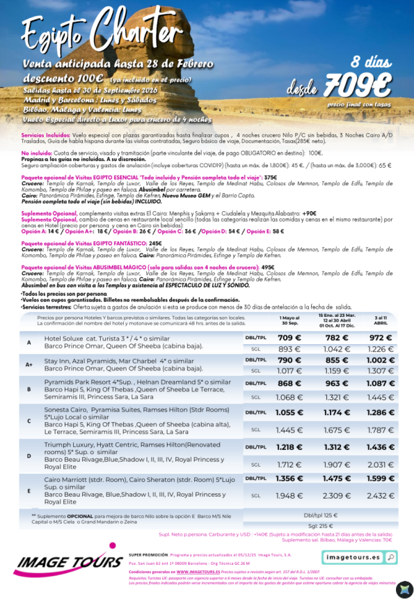 Egipto Charter hasta septiembre 2026 ¡8 días con plazas garantizadas! Venta Anticipada desde 709 &euro; 