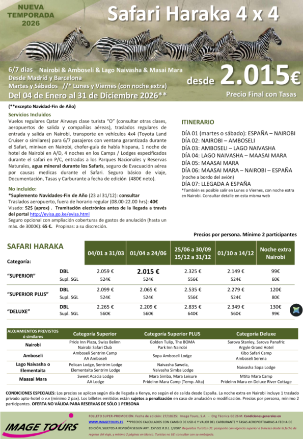 KENYA Haraka 2026: Nairobi & Amboseli & Lago Naivasha & Masai Mara, desde 2.015 tasas incluidas