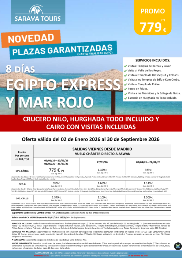 Egipto Express y Mar Rojo 8D *Crucero Nilo, Hurghada TI y Cairo + Visitas incluidas. Hasta Dic 26. Dsd 779