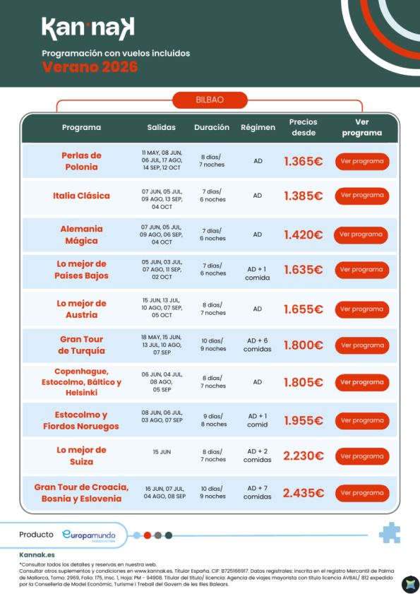 Programación Kannak Verano 2026. Salidas desde Bilbao
