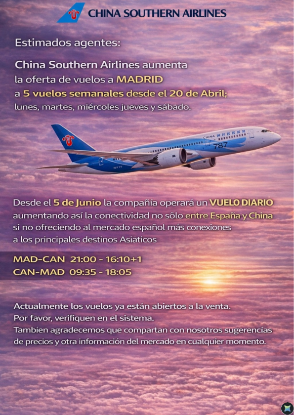 Aumento de las frecuencias de vuelo entre Madrid y Guangzhou