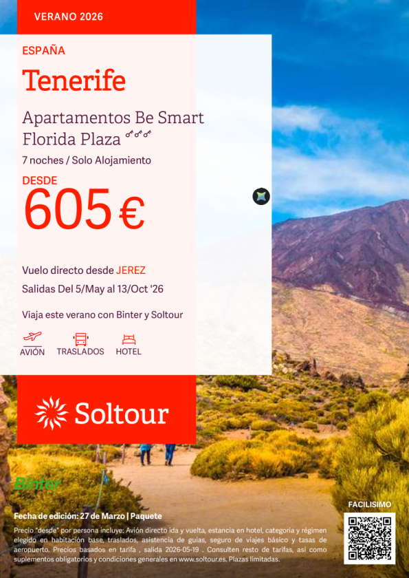 Tenerife en Apartamentos Be Smart Florida Plaza desde 605 &euro; , salidas del 5 Mayo al 13 Octubre desde Jerez