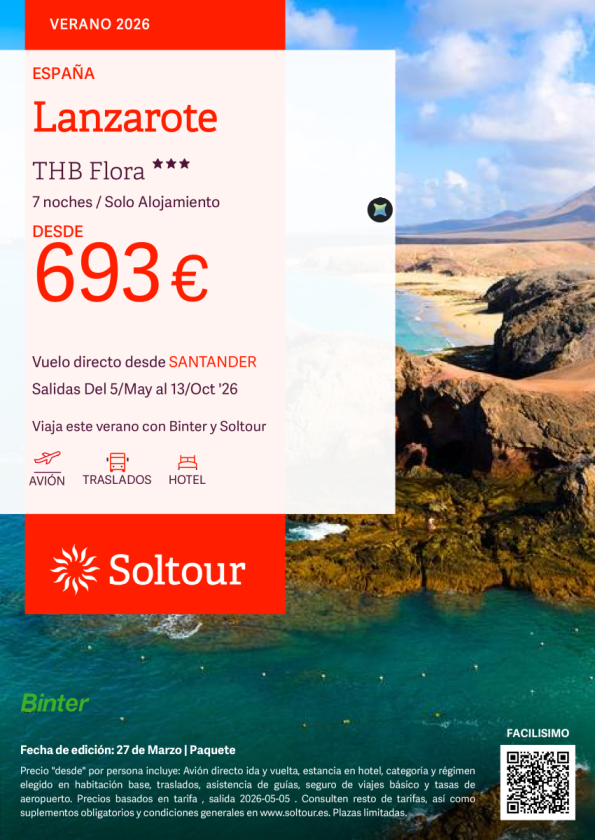 Lanzarote en THB Flora desde 693 &euro; , salidas del 5 Mayo al 13 Octubre desde Santander