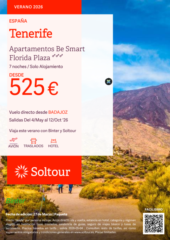 Tenerife en Apartamentos Be Smart Florida Plaza desde 525 &euro; , salidas del 4 Mayo al 12 Octubre desde Badajoz