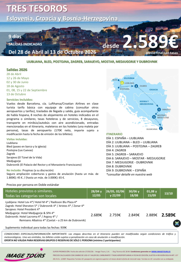 Tres Tesoros: Eslovenia, Bosnia-Herzegovina y Croacia. Circuito 9 días con visitas, desde 2.589 &euro; 