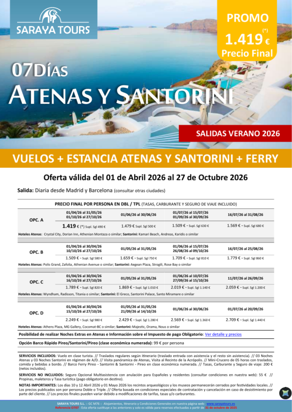 Promo Islas! Atenas y Santorini 7 días: Vuelo, Hotel, Traslados y Visita Atenas Incluida hasta Oct 26