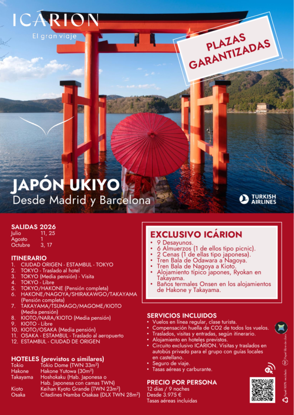 Japón Ukiyo. Plazas garantizadas desde Madrid y Barcelona. Exclusivo Icárion
