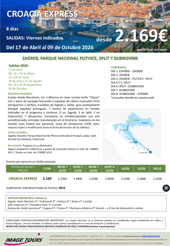 CROACIA Express, circuito 8 días con visitas en Zagreb, P.N Lagos de Plitvice, Split y Duvrovnik, dsd 2.169 &euro; 