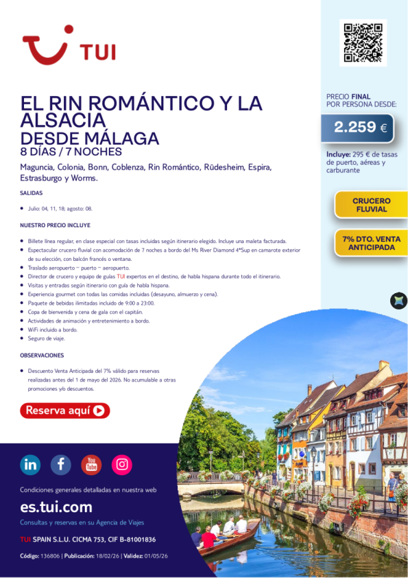 El Rin Romántico y la Alsacia. 8 días / 7 noches. 7% Dto VA. Salidas julio y agosto desde AGP desde 2.259 &euro; 