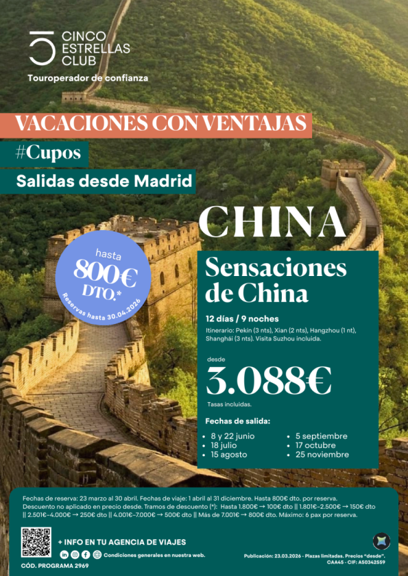 Hasta 800 &euro; dto. reserv.hsta 30.04 Cupos | Sensaciones de China 12d/9n dsd 3.088 &euro; sal desde Mad junio a nov\'26