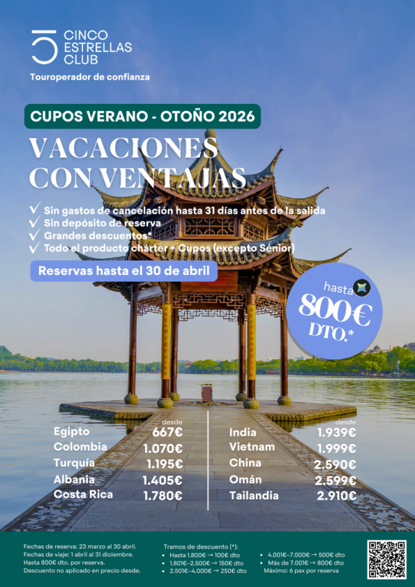 Vacaciones con Ventajas Hasta 800 &euro; dto. aplicab. Cupos +chárter *Sin gastos de clx *Sin depósito de reserva