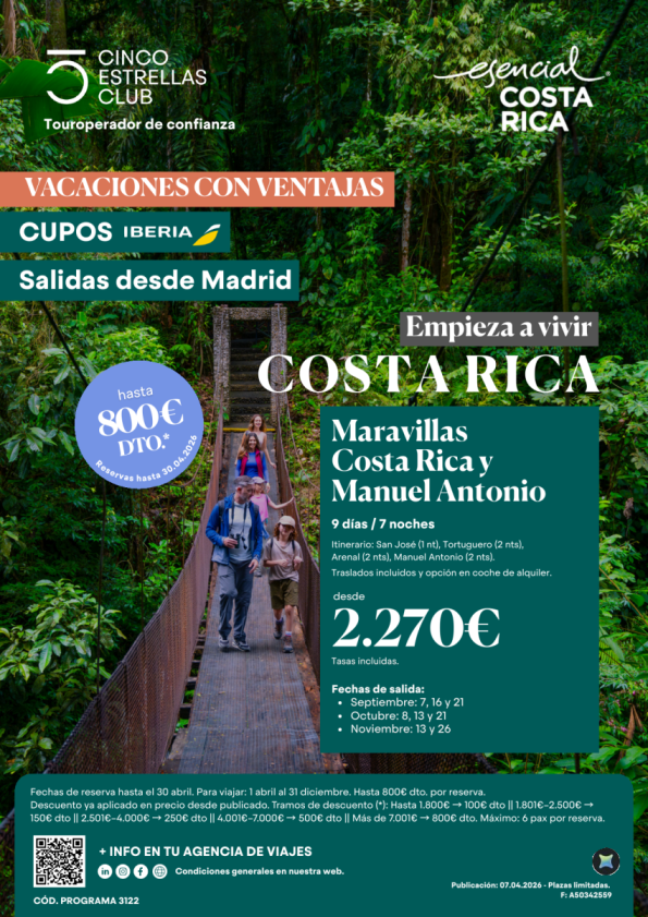 Vac conVentajas hsta 800 &euro; dto.Cupos| Marav.C. Rica y M.Antoni  9ds/7ns dsd 2.270 &euro; sal.dsd Madrid sept a nov\'26