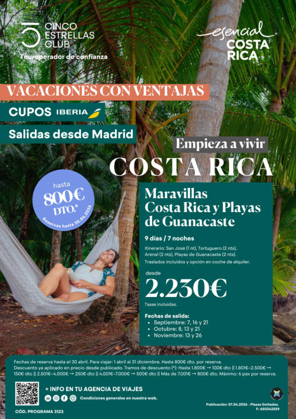 Hsta 800 &euro; dto.Cupos| Marav.C.Rica Playas Guanacaste 9ds/7ns dsd 2.230 &euro; sal.dsd Madrid septiembre a noviembr\'26
