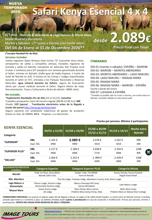 KENYA Esencial 2026: Nairobi & Aberdares & Lago Nakuru & Masai Mara, desde 2.089 &euro; tasas incluidas