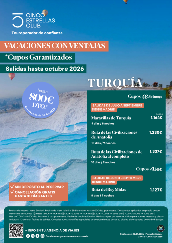 Hasta 800 &euro; dto reserv.hst 30.04|Cupos| Turquía desde 1.164 &euro; sal.hsta oct\' 2026 - Sin depósito y  Clx gratis