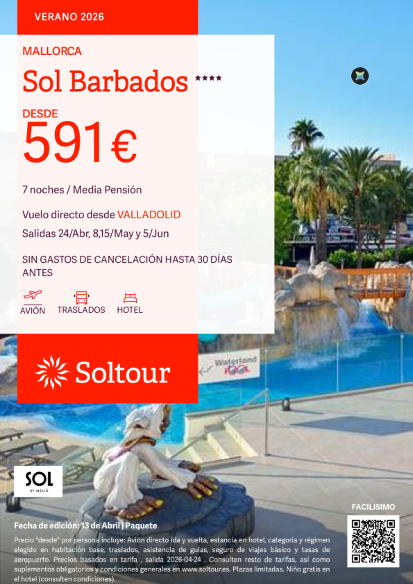 Mallorca en Sol Barbados desde 591 &euro; , salidas 24 de abril ,8,15 de mayo y 5 de junio desde Valladolid