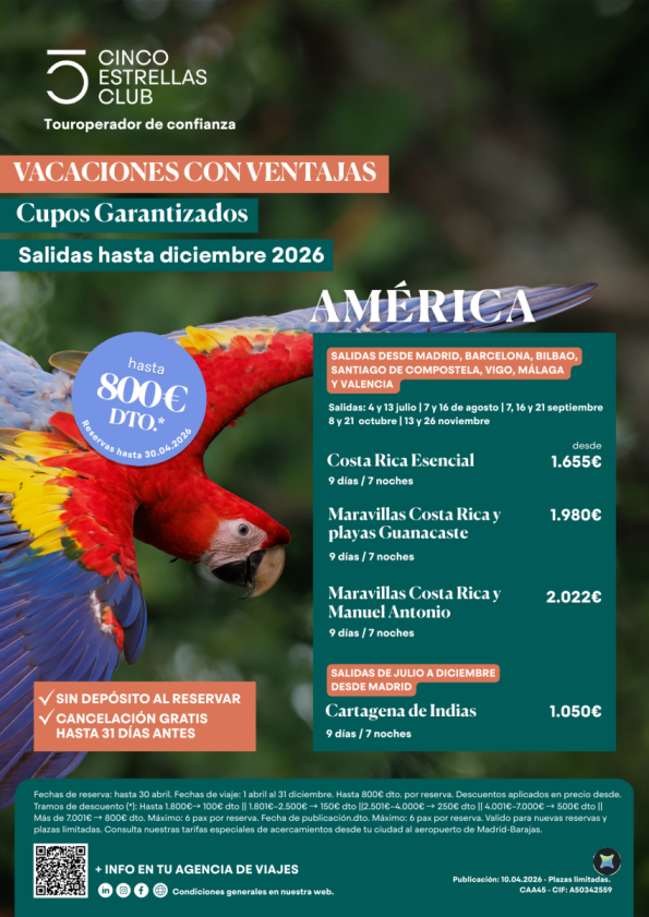 Hasta 800 &euro; dto reservas hasta 30.04| Cupos garantizados| América salidas hasta diciembre  de 2026 desde 1.050 &euro; 