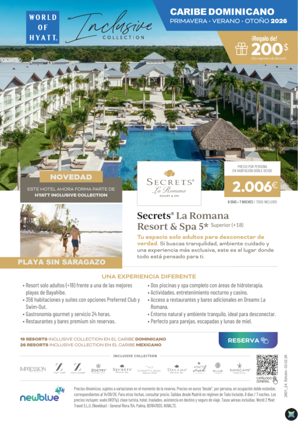 Nuevo y exclusivo Secrets La Romana en una playa Sin Sargazo. Bayahíbe. Sept desde 2.006 &euro; 9D/7N T.I