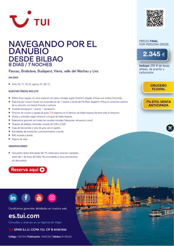 Crucero Fluvial. La Magia del Danubio. 8 días / 7 noches. 7% Dto VA. Salidas desde BIO desde 2.345 &euro; 