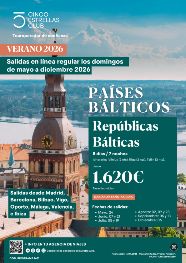Nuevo! Repúblicas Bálticas 8ds/7ns dsd 1.620 &euro; sal. dsd Mayo-diciembre dsd Mad,Bcn,Bio,Vgo,Opo,Agp, Vlc,Ibz