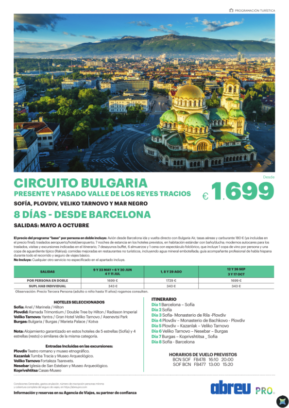 Circuito Bulgaria Presente y Pasado 8 días desde Barcelona May a Oct