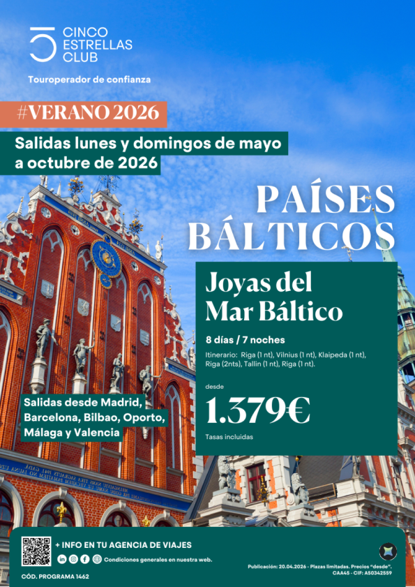 Nuevo| Joyas del Mar Báltico 8ds/7ns dsd 1.379 &euro; dsd Mad, Bcn,Bio,Opo,Agp, Vlc-sal.lunes y domingos d mayo.oct.