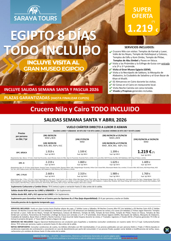 Egipto Todo Incluido 8d. Crucero y Cairo+ visitas, Propinas y Visado *Salidas Mad,Bcn,Bio,Agp,Vlc* Desde 939 &euro; 