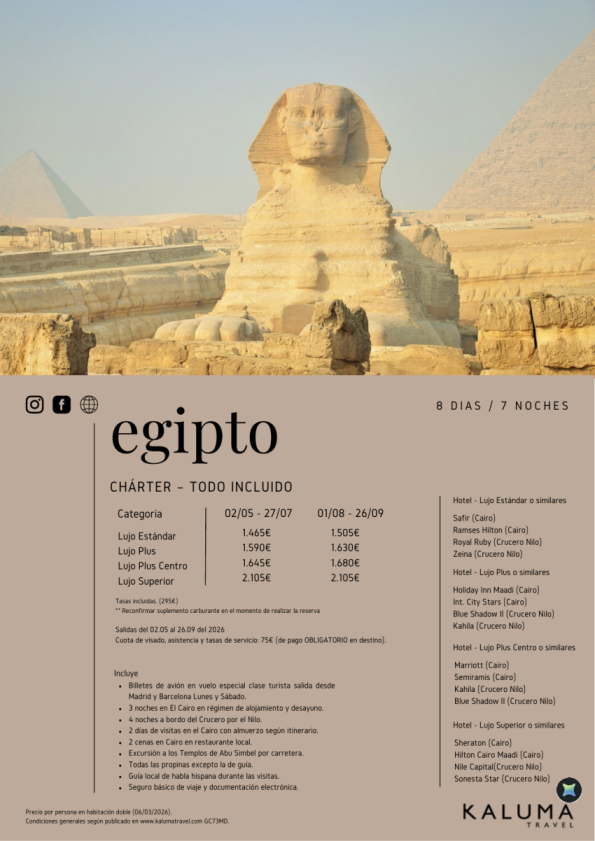 Charter Egipto Todo Incluido - Salidas desde Barcelona y Madrid hasta Septiembre desde 1.465 &euro; 