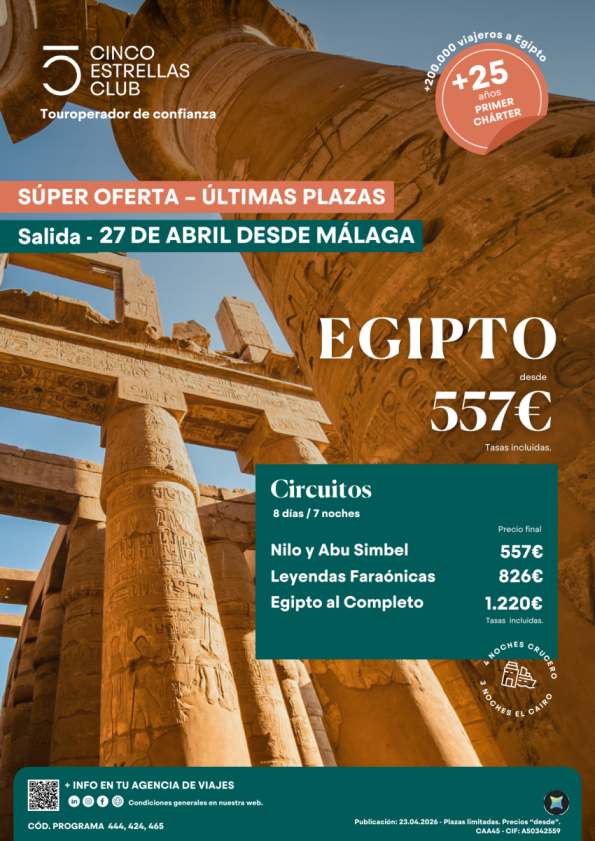 Súper oferta-Últimas Plazas| Egipto dsd 577 &euro; 8ds/7ns salida chárter lunes 27 de abril desde Málaga
