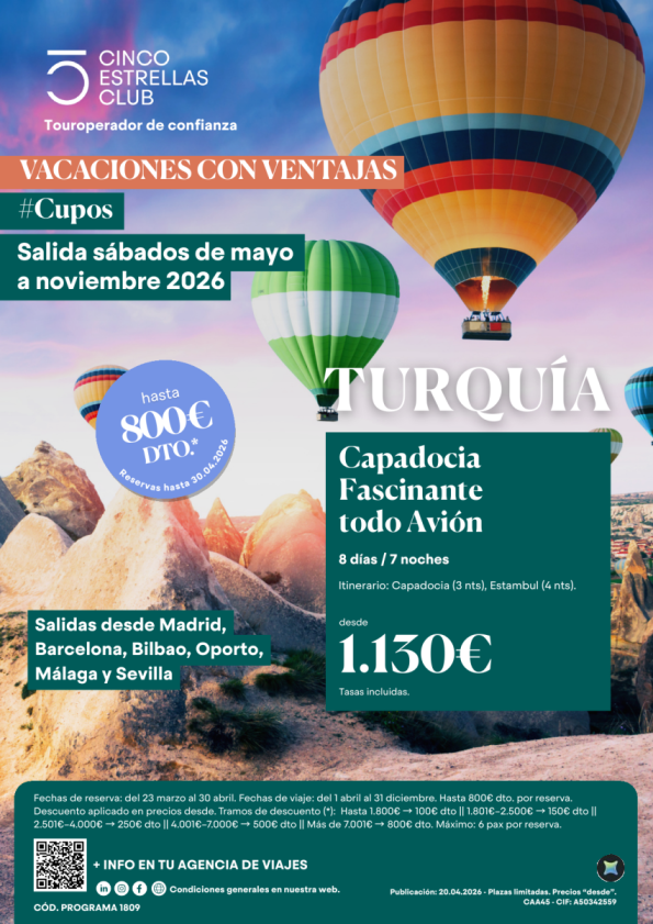Hsta 800 &euro; dto.reserv.hsta 30.04 Cupos|Capadocia Fascinante todo avion 8ds/7ns dsd 1.130 &euro; sal. de mayo-noviembre