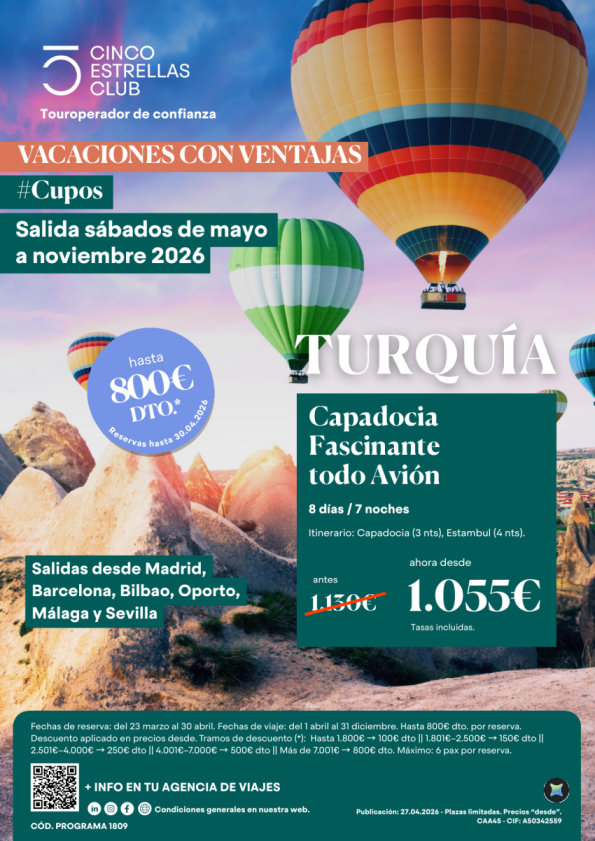 Cupos| Súper Oferta Capadocia Fascinante avión dsd1.0558? ds/7ns sal.sab. hst nov.2026 dsd Mad,Bcn,Bio,Opo,Agp