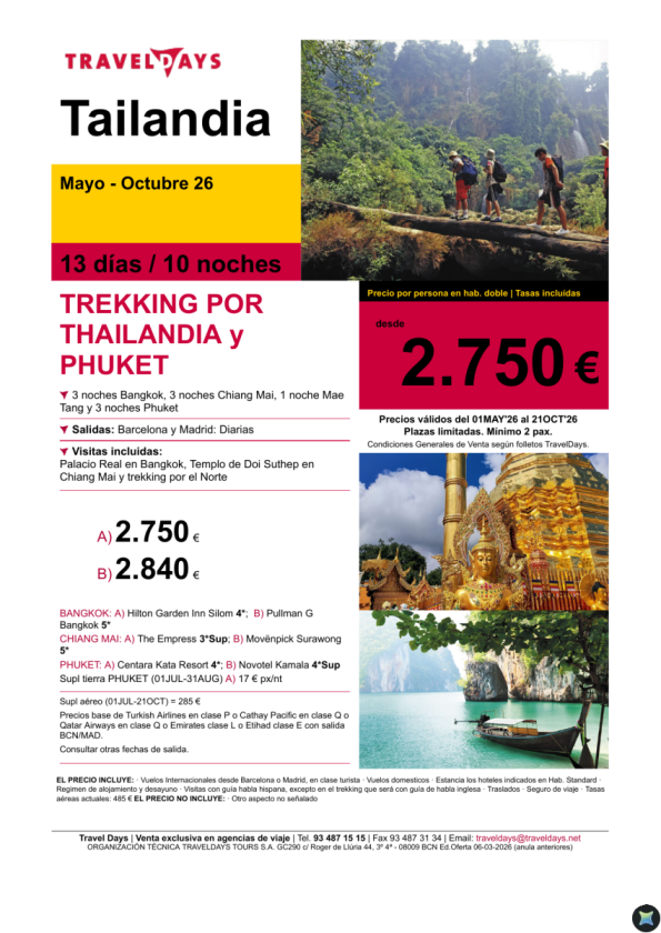 Trekking por Thailandia y Phuket 13 días desde BCN/MAD a partir de 2.750 &euro; 