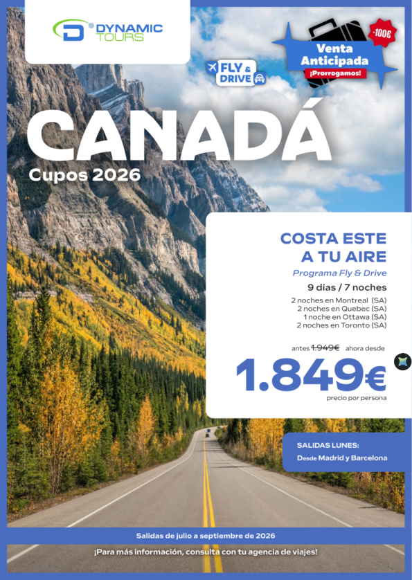 ???????FLY & DRIVE?(Costa Este a tu aire) ?salidas de julio a septiembre de 2026 &euro; ?-100? de dto. desde 1.849 &euro; ?