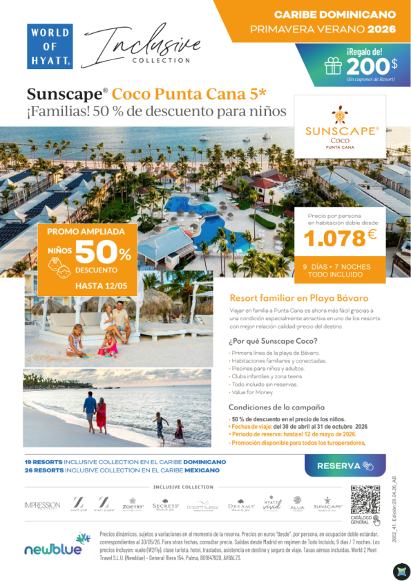 Caribe en Punta Cana por 1.078 &euro; en Sunscape Coco Punta Cana 5* Niños -50% hasta 12/05 -  Todo Incluido 9D/7N