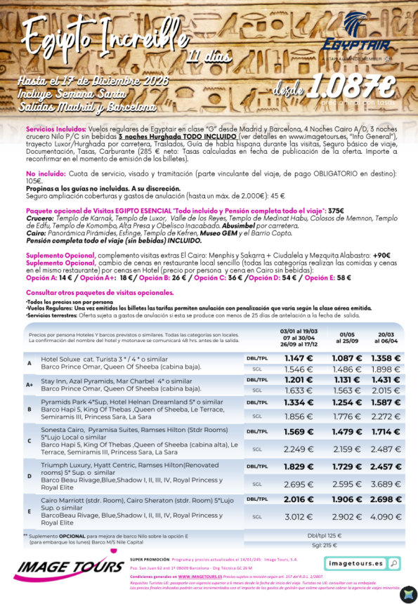 Egipto Increíble hasta dic. 2026, 11 días con Cairo AD, Crucero Nilo PC y Hurghada Todo Incluido. Desde 1087