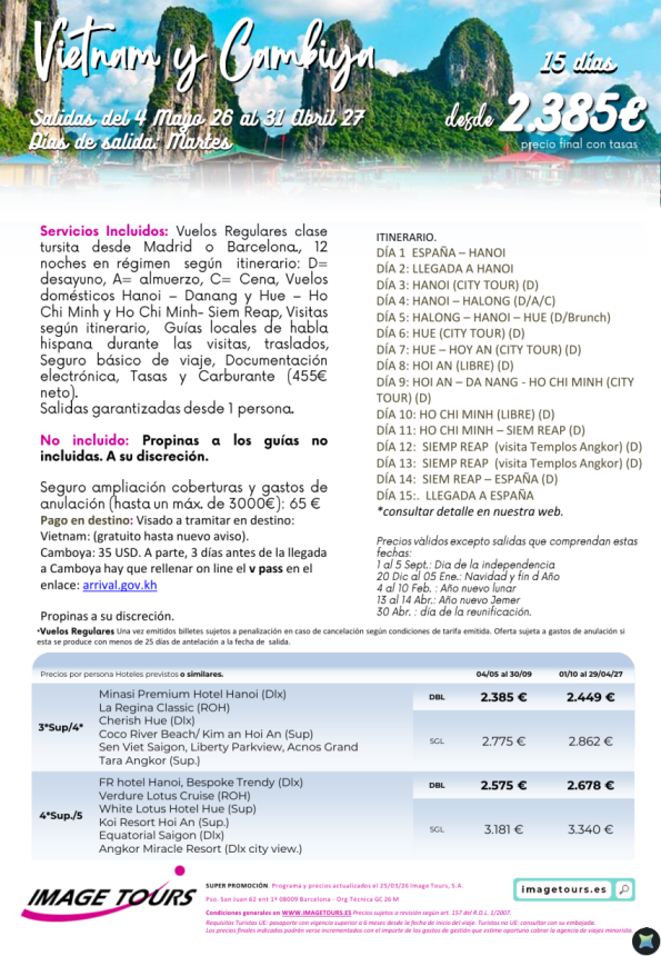 Vietnam y Camboya, 15 días de viaje desde 2.385 &euro; hasta abril 2027