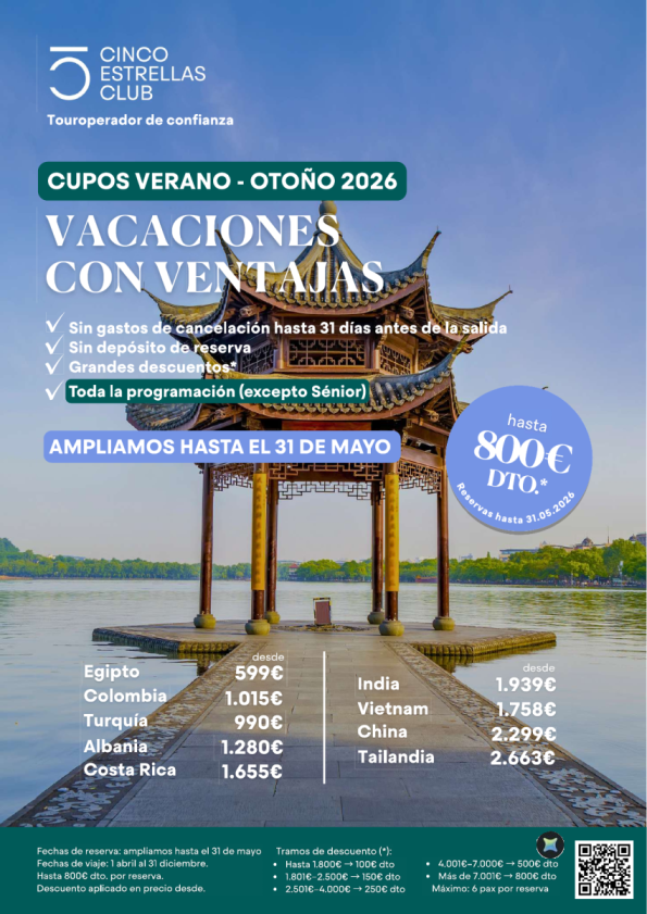 Ampliac.camp. hasta 31.05| Hasta 800 &euro; dto.toda progr.except senior  *Sin gastos clx *Sin depósito de reserva
