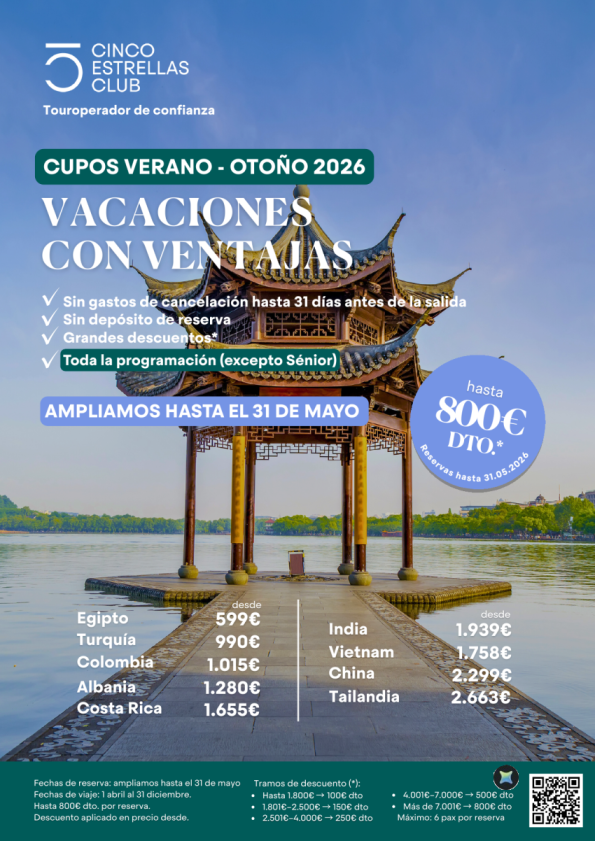 Ampliac.camp. hasta 31.05| Hasta 800 &euro; dto.toda progr.except senior *Sin gastos clx *Sin depósito de reserva