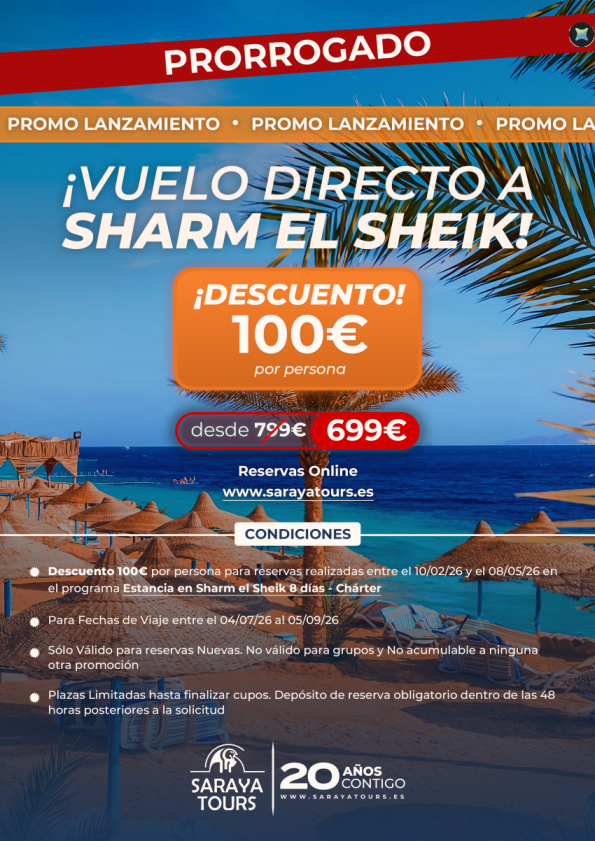 ?PRORROGADO!! Promo lanzamiento vuelos Sharm *Descuento 100 &euro; p.pax. Salidas 04/07/26 a 05/09/26. Consultar