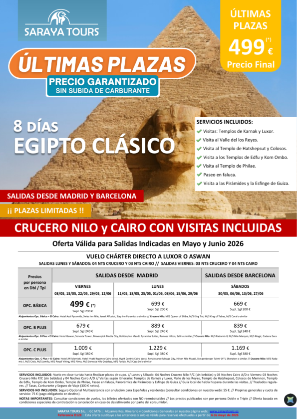 ?Últimas Plazas EGIPTO Clásico 8d. Crucero y Cairo +Visitas. Salidas Mad & Bcn. Precio final garantizado 499 &euro; 