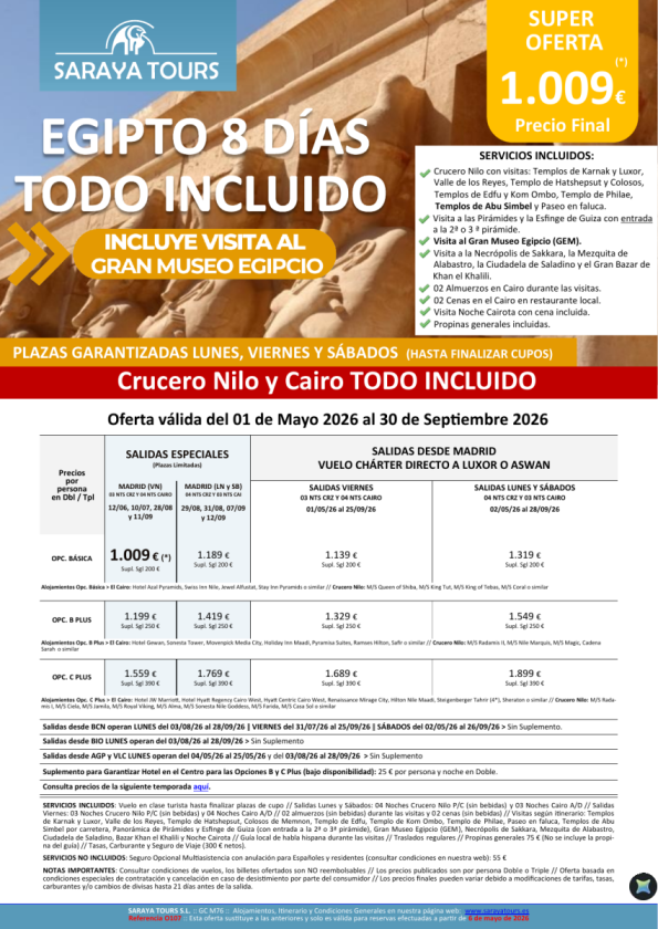 Egipto Todo Incluido 8d. Crucero y Cairo+visitas, Propinas y Visado *Salidas Mad,Bcn,Bio,Agp,Vlc* Desde 1.009 &euro; 