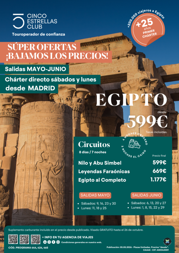Súper Oferta Hsta 31.05 | Egipto desde 599 &euro; 8ds/7n salidas sabad-lunes en mayo y junio desde Madrid