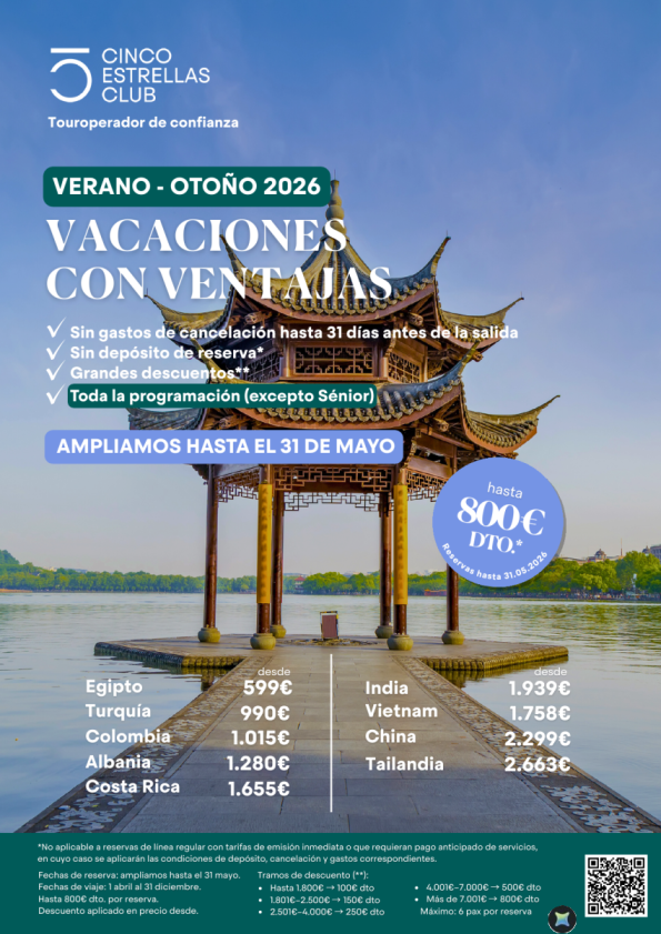 Amplia hsta 31.05 Ventajas Hasta 800 &euro; dto. aplicab. Cupos +chárter *Sin gastos de clx *Sin depósito de reserva